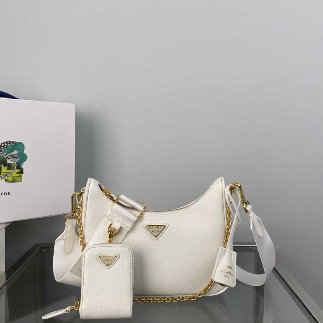 Prada Saffiano Leather Re Edition 2005 Shoulder Bag White 1BH204